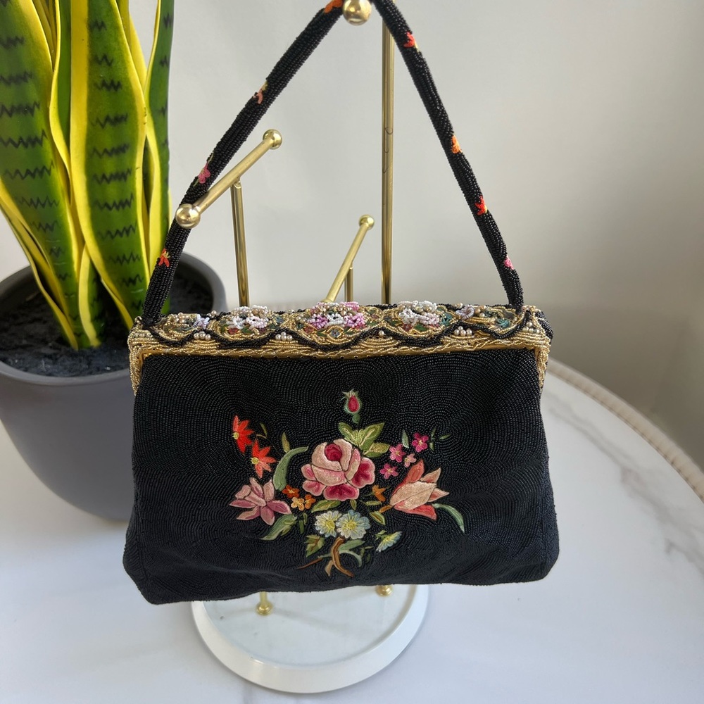 Embroidered Black Floral Clutch